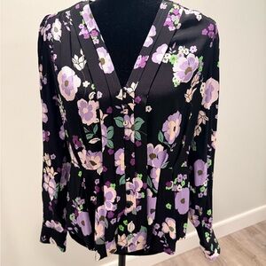 Marks & Spencer Black Floral V-Neck Pleated Blouse - Lavender & Green
